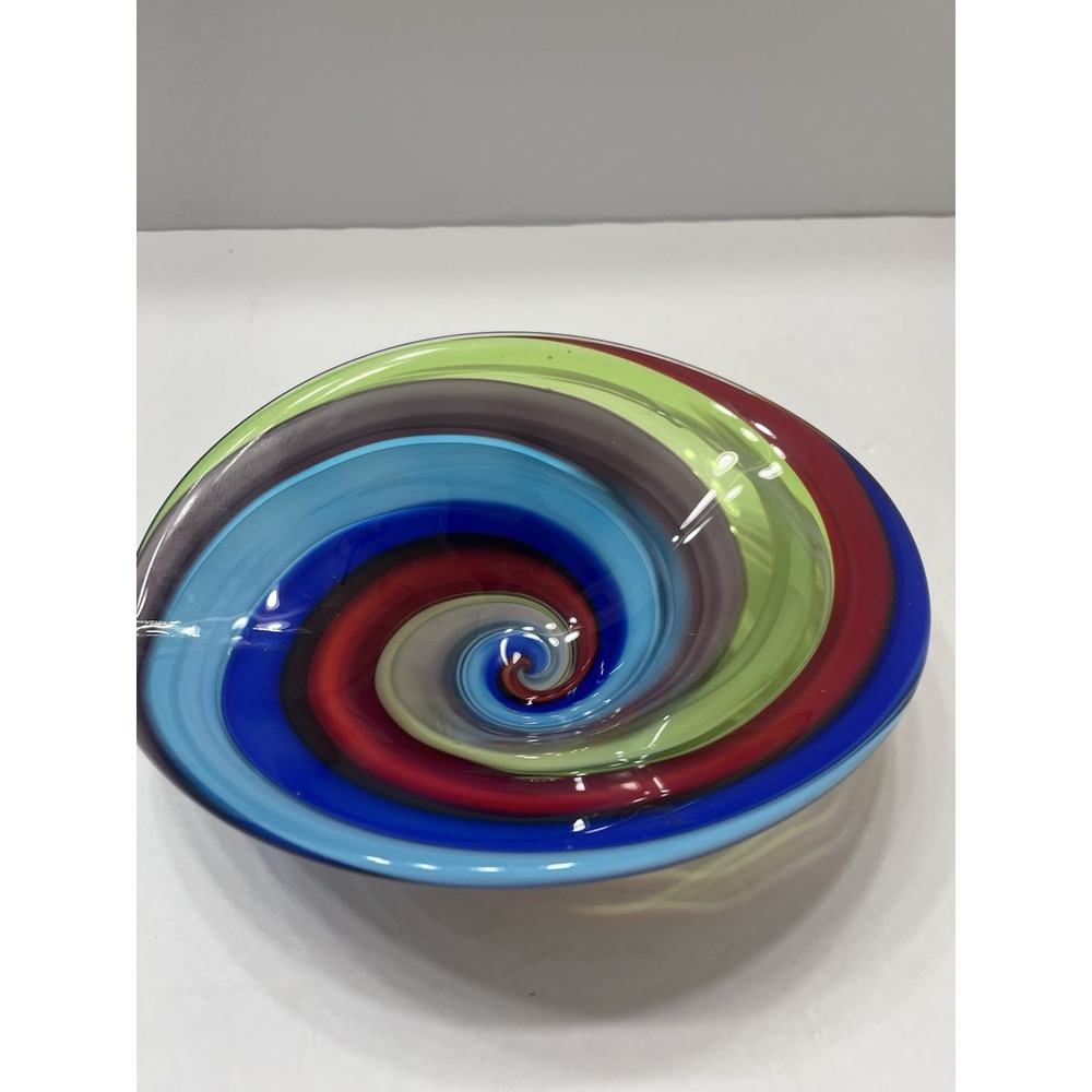 Hand Blown Art Glass Decorative Bowl Swirl Rainbow Pattern 8.5x7.5"
